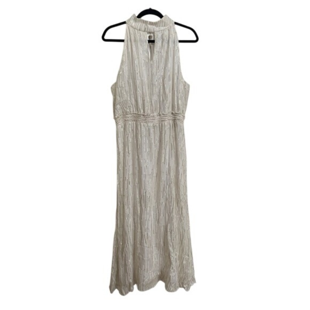 DREW White Metallic Lurex Stripe Mock Neck Sleeveless Maxi Dress Large
